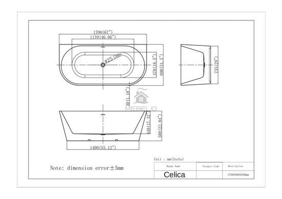 Ванна окремостояча Celica WB 170 * 80 * 58 INSANA