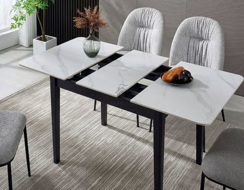 Стол TALLINN CERAMIC Intarsio 90(120)*70 белый/черный каркас фотография