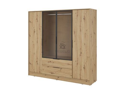 Гардеробный / шкаф для одежды Perfect Home Келли / Kelly 4DRM 4-дверный с центральной прозрачной дверцей и реей Дуб артизан фотография