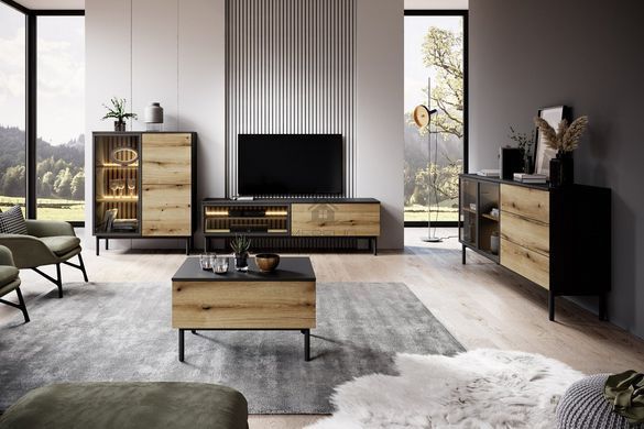 Тумба под телевизор с подсветкой Perfect Home Ланг/Lang 2-дверная 2D/150 Черный/дуб эвок фотография