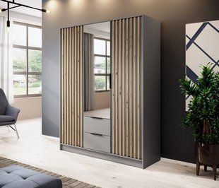 Шкаф для одежды Perfect Home Нелли / Nelly 3D 3-дверный с зеркалом Серый/дуб артизан фотография